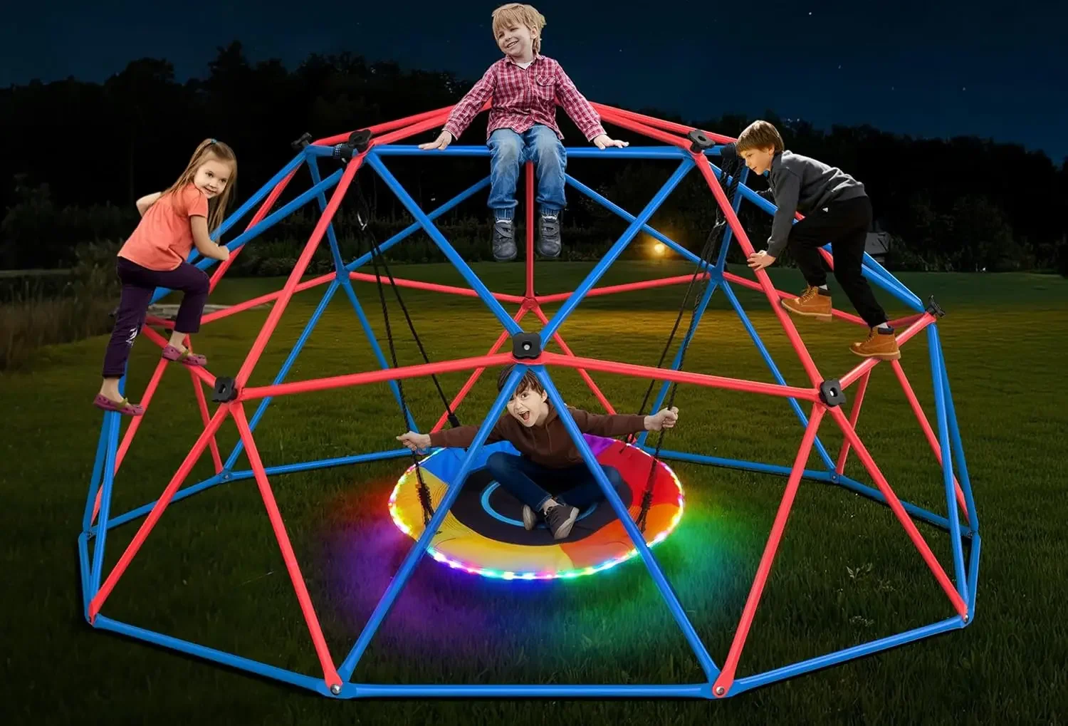 Kids Outdoor Jungle Gym - Hapfan Tırmanma Kubbesi Salıncak Seti, LED'li